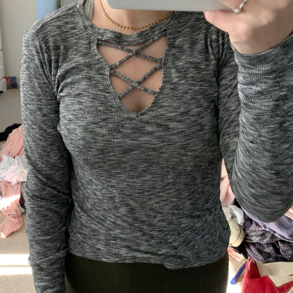 Grey long sleeve with criss cross detail